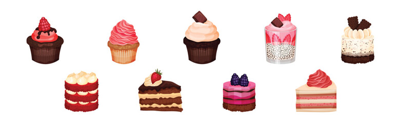 Sweet Pastry and Dessert Food with Cream, Berry and Chocolate Vector Set