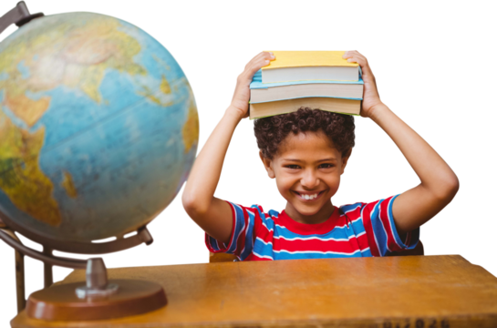 Digital png photo of biracial schoolboy on transparent background