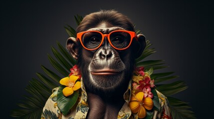 A monkey wearing a Hawaiian shirt and Sunglasses. AI generative.