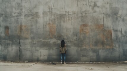 Background closeup person walking sideway of old wall. AI generative.
