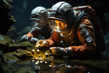 Astronauts conducting research on another planet.