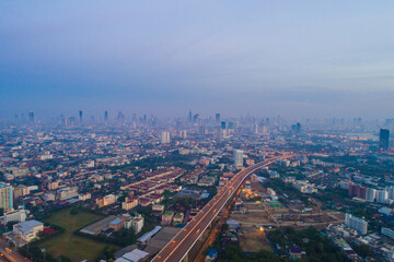 Fototapeta na wymiar Aerial view of Bangkok city building with traffic road on Bhumibol bridge