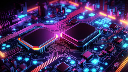 Close-up of electronic circuit board with processor and microchips. Neon colors