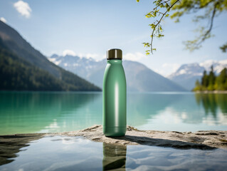 Thermo water bottle with a lake in the background, AI Generation