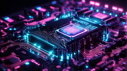 Fototapeta na wymiar Close-up of electronic circuit board with processor and microchips. Neon colors