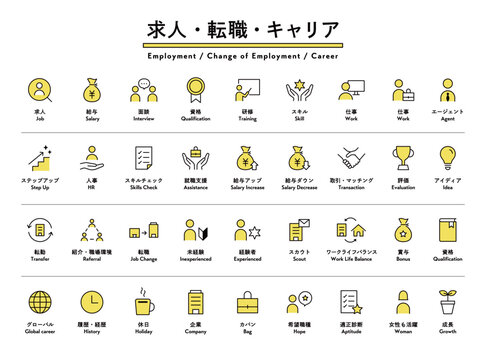 求人・転職・キャリアのシンプルなアイコンセット　就職　ビジネス　仕事　リクルート　就活　転勤　人事