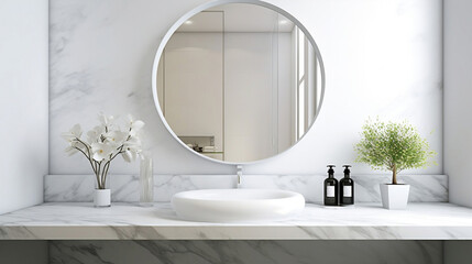 White bathroom interior design, round washbasin, dispenser and plant on white marble counter with round mirror in modern minimalist style 3d illustration. - 633368137