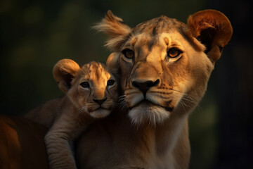 Baby lion cub on lioness's back at savanna grassland in the evening, mother and child lion family...