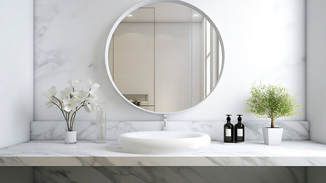 Fototapeta White bathroom interior design, round washbasin, dispenser and plant on white marble counter with round mirror in modern minimalist style 3d illustration.