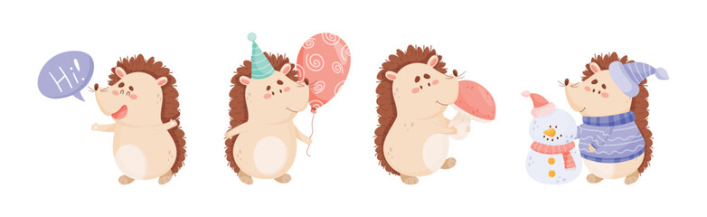 Hedgehog Character Engaged in Different Activity Vector Set