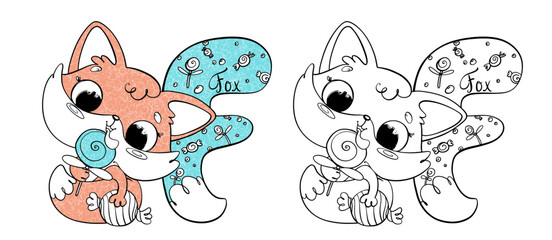 Children's coloring page alphabet - Letter F - Red Fox sweet tooth eating lollipop. ABC coloring book for kids with cute animals. Line doodle illustration in color and black and white.
