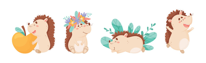 Hedgehog Character Engaged in Different Activity Vector Set