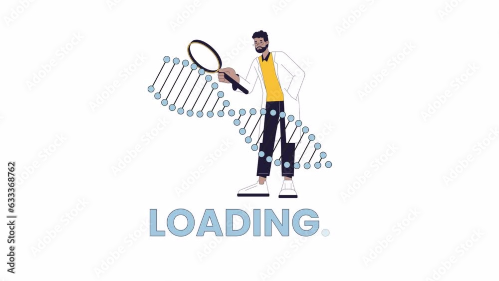 Poster scientist studying dna strand rotating line 2d loading animation. researcher with magnifier animated