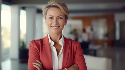 Smiling confident middle aged business woman with red suit in a office. Generative AI - obrazy, fototapety, plakaty