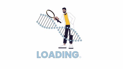 Scientist studying dna strand rotating line 2D loading animation. Researcher with magnifier animated cartoon linear character 4K video loader motion graphic. Genetic engineer download process gif