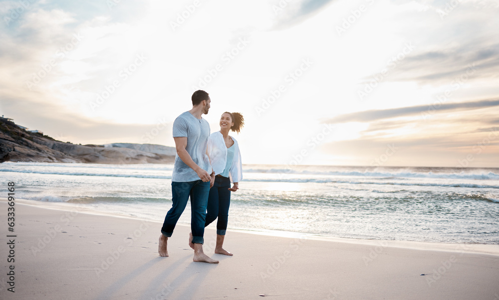 Sticker Couple, holding hands and walking on beach at sunset for Portugal holiday, vacation and travel break by nature ocean mockup. Smile, bonding and love for man and woman on sea sand for romantic sunrise