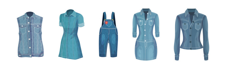 Naklejka premium Denim Clothes and Blue Jeans Wear Vector Set
