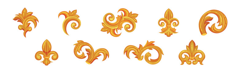 Decorative Gold Monogram and Swirls with Floral Element Vector Set - obrazy, fototapety, plakaty