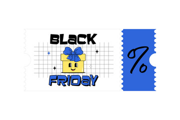 Black friday and sale. Cute character gift box with a face. Design for voucher, ticket and coupon for kids clothes, shoes, toys and stationery. White background. Groovy style. Vector illustration