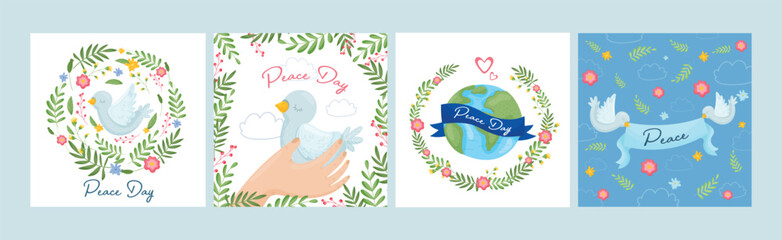 Peace Day Card with Pigeon and Planet Vector Set