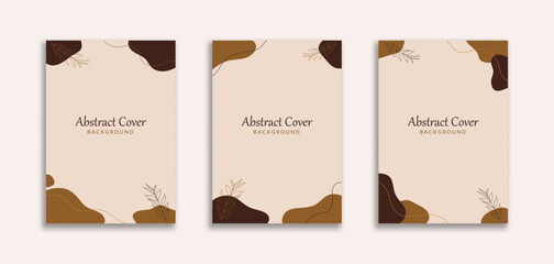 Set of 3 Simple Aesthetic Background A4 with Brown Blob and Botanical Object. Dynamic style for Cover book, booklet, banners , pamphlet, posters, frame, borders, presentations, flyers