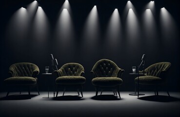 podcast or interview room, with a dark background creating a dramatic atmosphere for podcast with multiple sofas for the guest created with generative ai