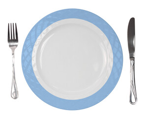 Εmpty plate with fork and knife isolated on white transparent background, top view, PNG