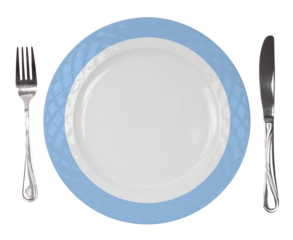 Εmpty plate with fork and knife isolated on white transparent background, top view, PNG
