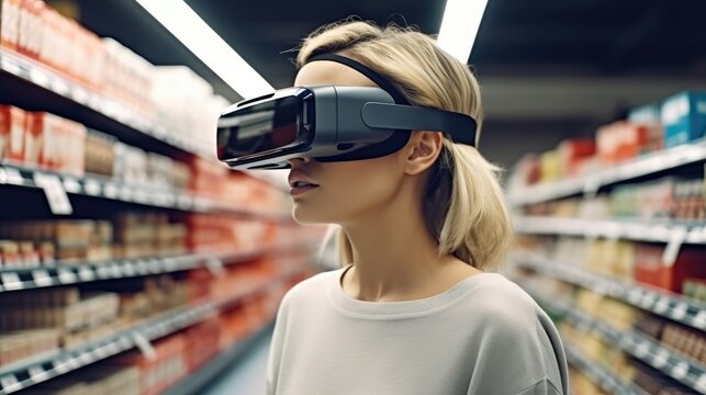 Female with 3D VR goggles at the supermarket, Cyberspace and metaverse.