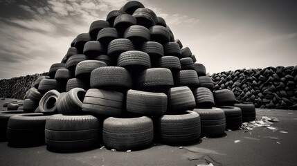 Old tires, Many pile of used old car tires for recycling.