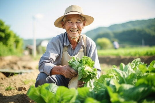 Japanese agriculture and landscape. land and fields. grandfather, harvest, hometown, smile,Generative AI