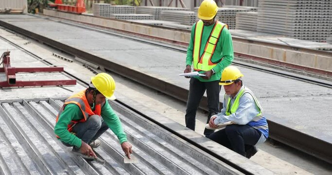 african american architect Engineering man and asian worker in safety hardhat working at precast factory industrial. Heavy Industry Manufacturing Factory. Prefabricated concrete walls