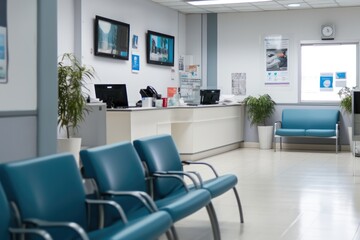 Hospital waiting room with reception counter at medical facility. - obrazy, fototapety, plakaty