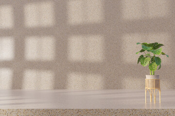 Abstract 3d render minimal scene podium backgroud. Light shines from the windows and vase is on the terrazzo floor for product display, advertising, mockup or etc