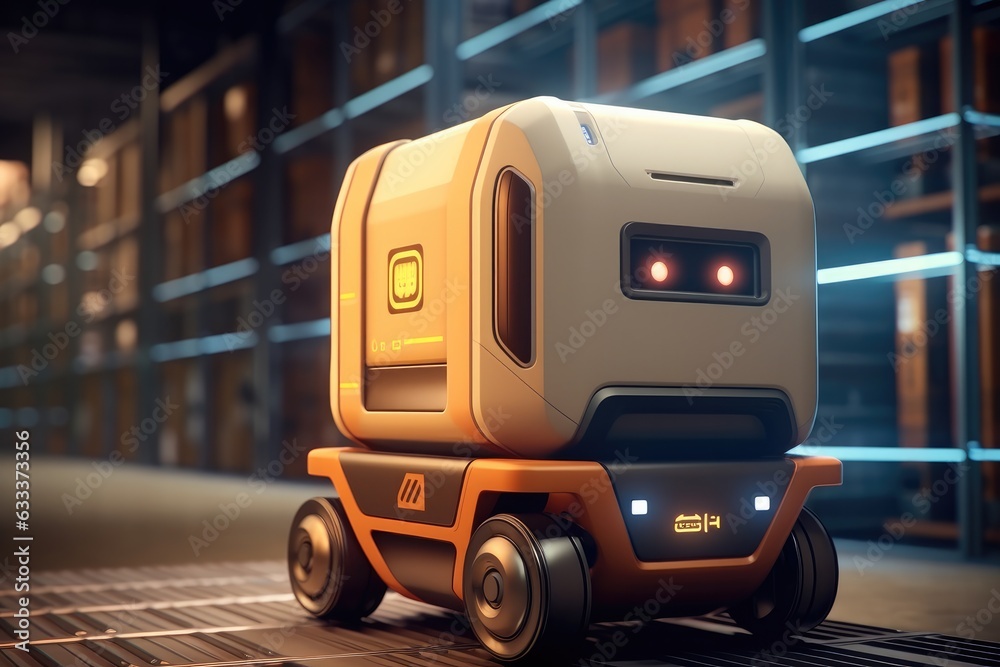 Poster mobile robot transporting a box in a warehouse, supply chain warehouse delivery service transport an