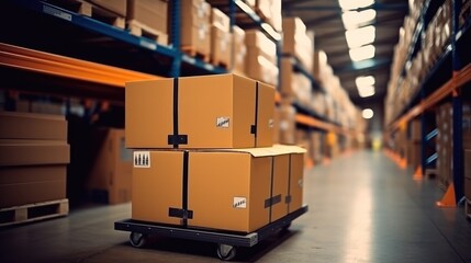 Cardboard boxes on hand pallet truck at warehouse, Inventory.