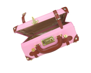 Travel bag. Pink open empty suitcase isolated on white transparent background, PNG