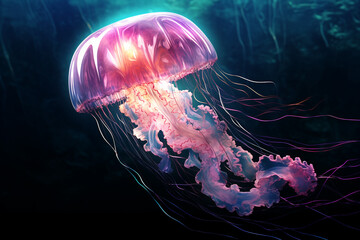 Large painted neon jellyfish in lilac tones, on a dark background