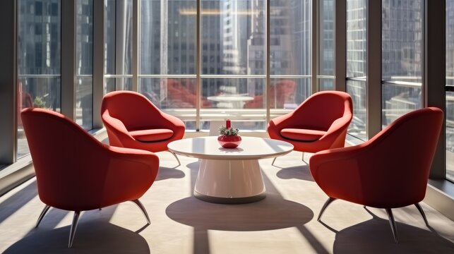 Meeting space accentuated by red chairs with large windows.
