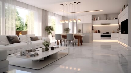 Stylish and upscale interior design merging a kitchen dining and living area, Modern home interior.