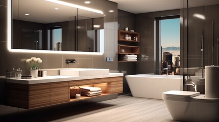Fototapeta na wymiar Modern bathroom interior, Stylish automated bathroom showcasing refined elegance.
