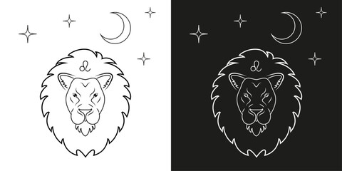 Leo zodiac sign, illustration in black and white. Horoscope symbol icon vector graphics, cards, symbol, tattoo, astrology.