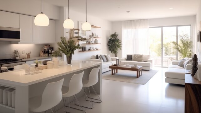 Open plan living room that seamlessly integrates with a dining area, Contemporary house.