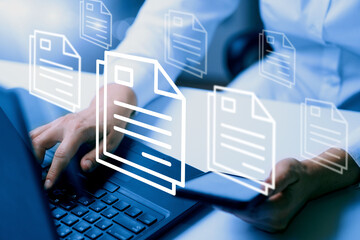  Online documentation database;  document management system concept background on virtual screen.