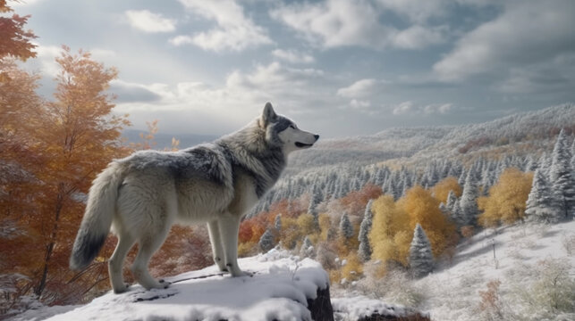 a wolf on the winter autumn high definition picture. Generative AI