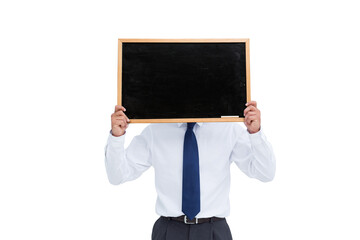 Digital png photo of caucasian businessman holding blackboard on transparent background