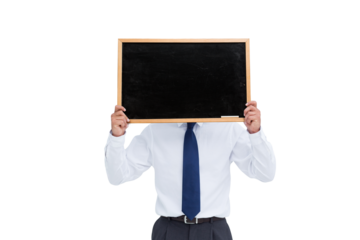 Digital png photo of caucasian businessman holding blackboard on transparent background