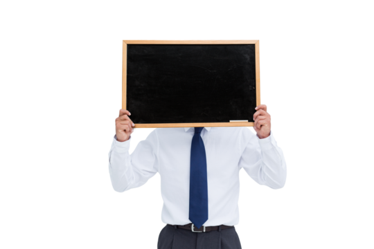 Digital png photo of caucasian businessman holding blackboard on transparent background