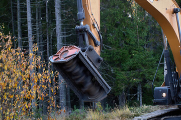 Wood shredder removes vegetation on side of road using mulching attachment on an excavator.