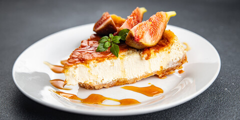 cheesecake figs slices sweet cake dessert healthy meal food snack on the table copy space food background rustic top view